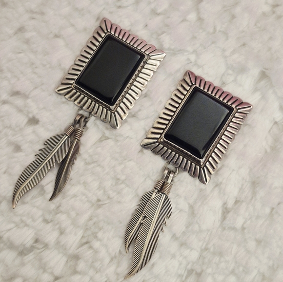 Vintage Sterling Silver Black Onyx Dangle Feather Earrings - Picture 2 of 9